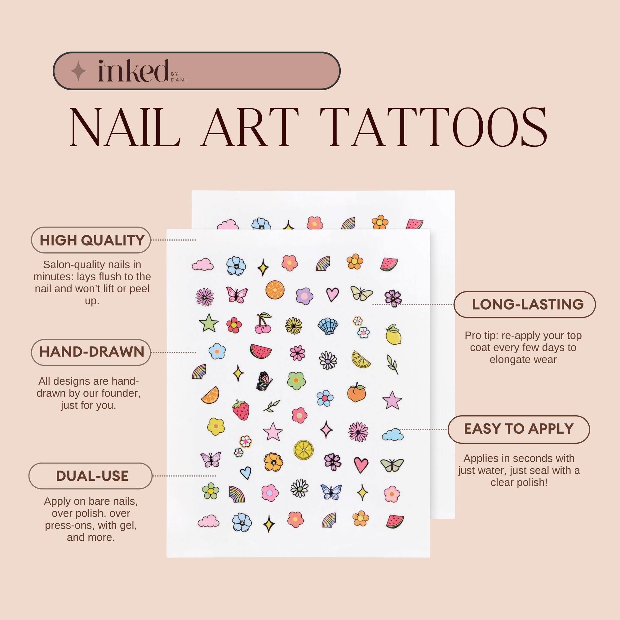 Inked by Dani Butterfly Pack Hand Drawn Temporary Nail Art Tattoos